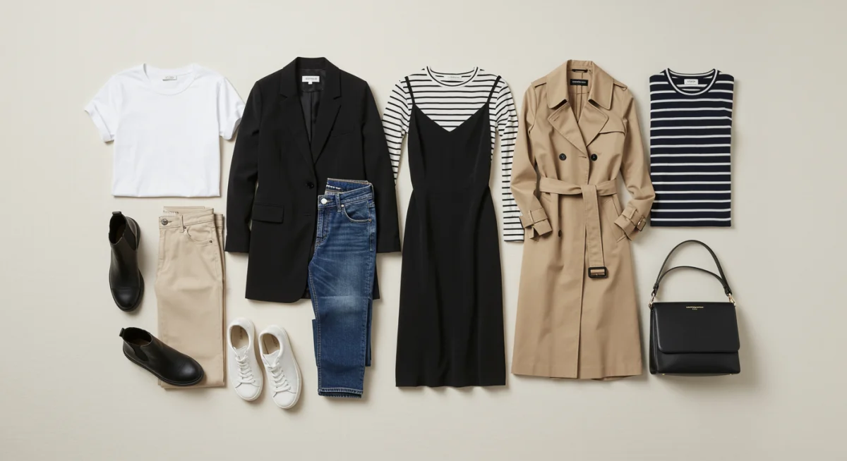 Flat lay of 10 essential minimalist clothing items