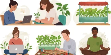 Adults engaged in diverse popular hobbies in 2026, showcasing coding, gardening, miniature painting, board games, and meditation.