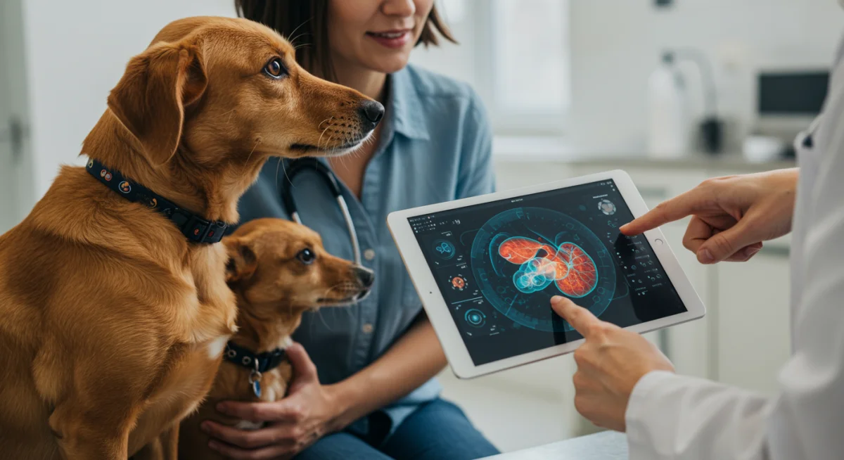 Veterinarian explaining AI-powered diagnostic results to pet owner with 3D organ rendering.