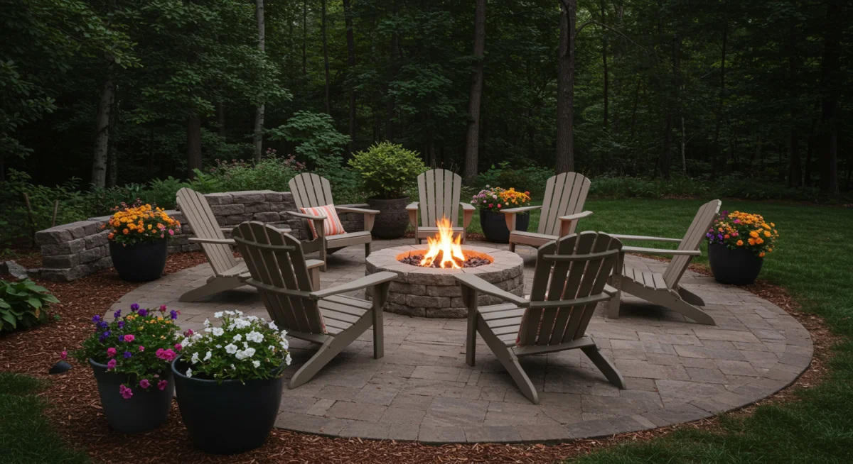 Área de fogueira aconchegante com cadeiras Adirondack e iluminação ambiente