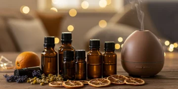 Amber essential oil bottles and botanicals with diffuser on wooden table, enhancing home aromatherapy.