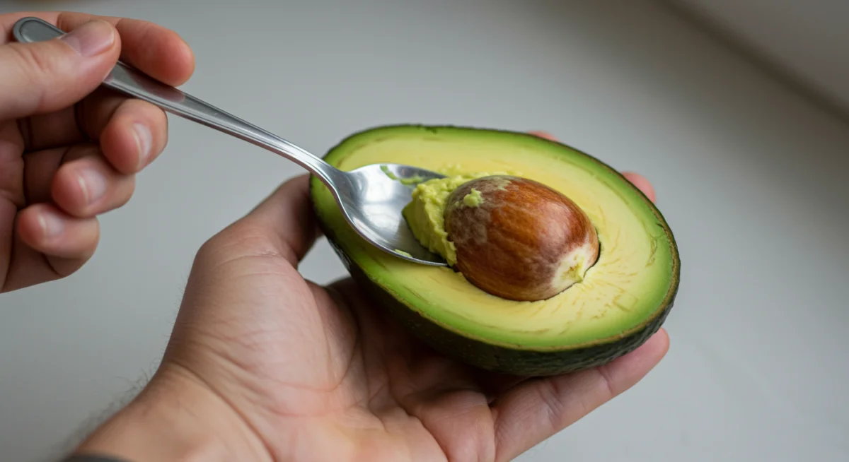Hand holding a ripe avocado with a spoon