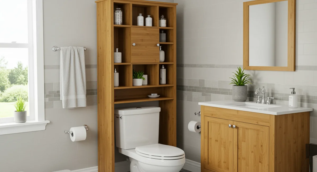 Bamboo over-the-toilet storage unit with shelves