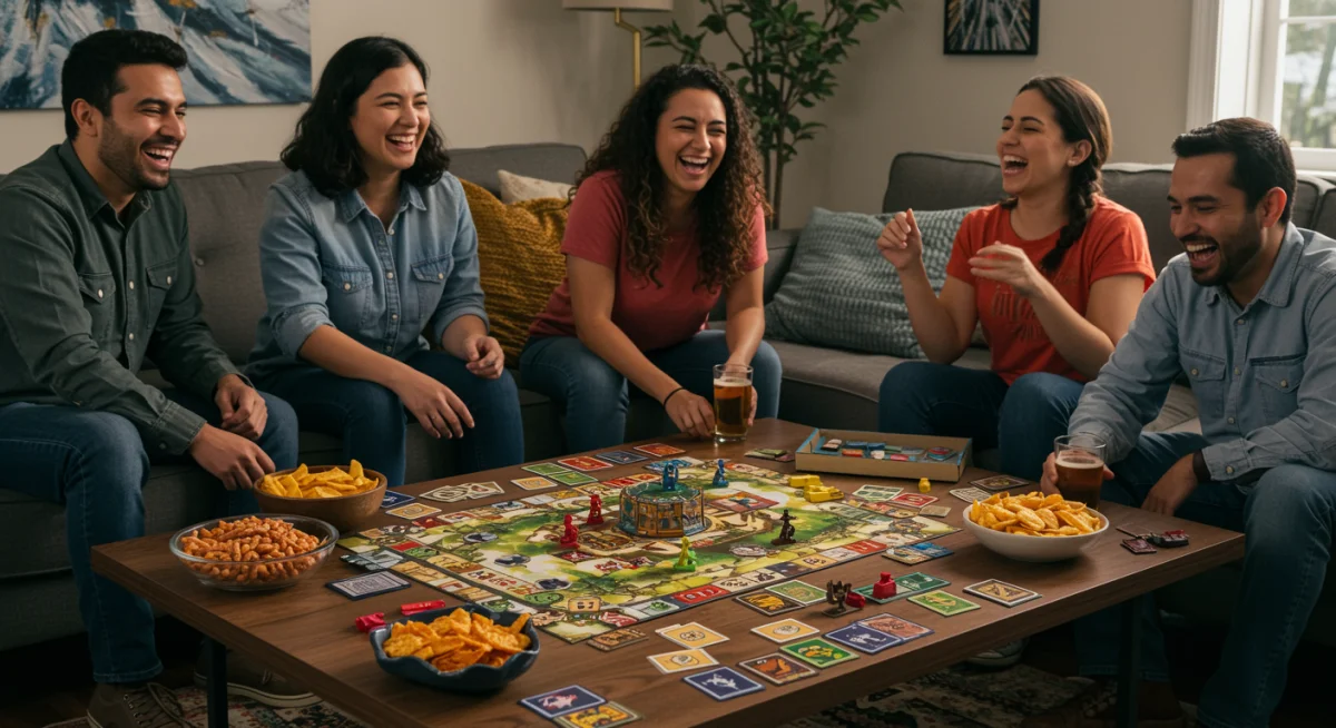 Friends enjoying a complex board game, highlighting social interaction and strategic thinking in a popular adult hobby.