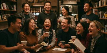 Diverse group enjoying a book club meeting in a cozy cafe, discussing literature.