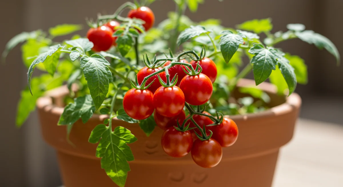 Ripe cherry tomatoes on a plant in a container, ideal for beginner gardeners.