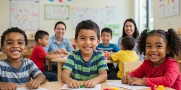 Children and educators in a modern child care center learning and playing together