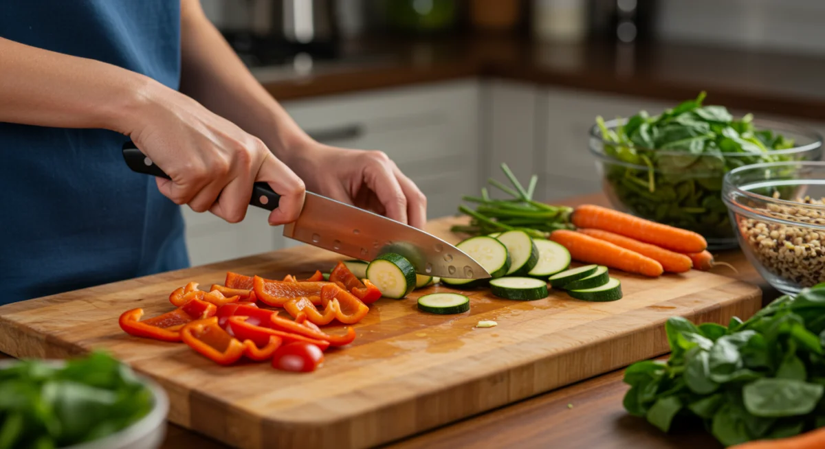 Hands chopping fresh vegetables for plant-based meal prep.