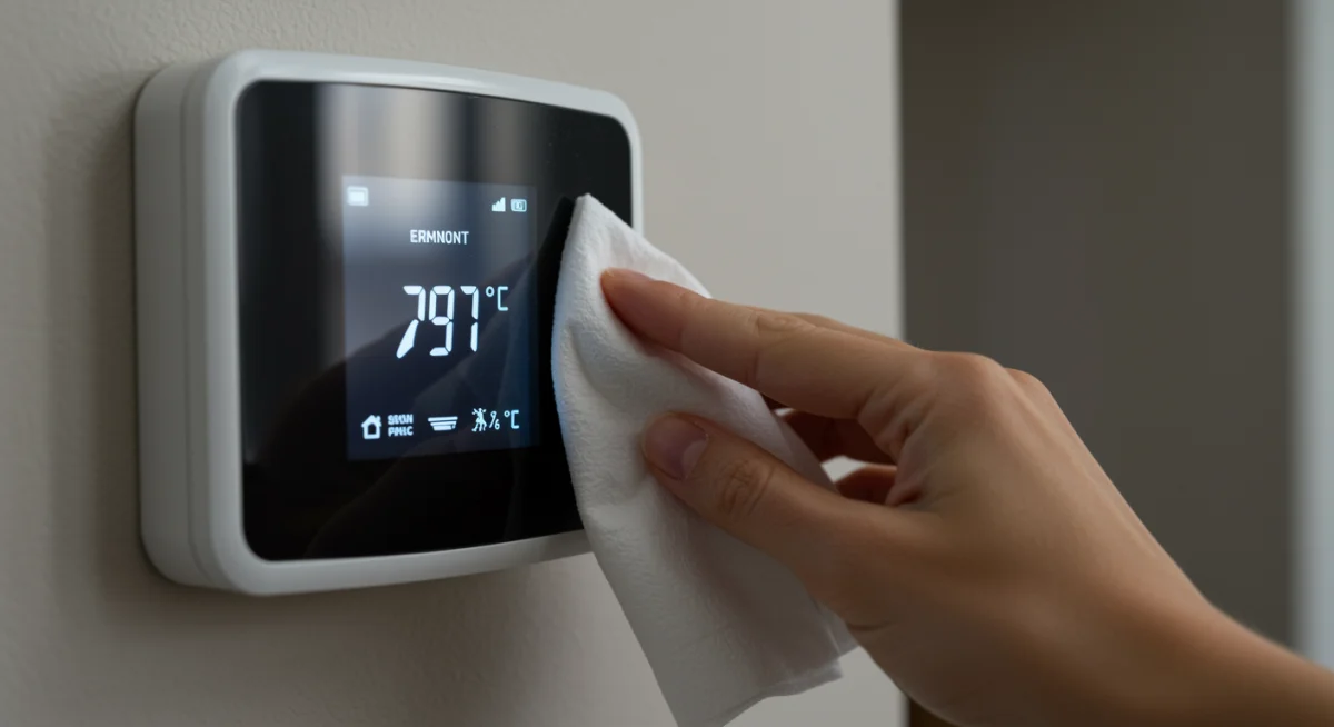 Hand cleaning a smart thermostat, emphasizing routine smart device care.