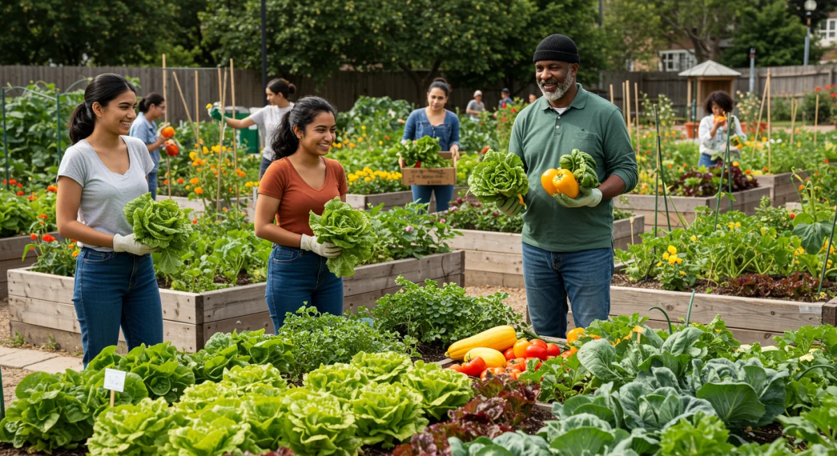 Community garden members harvesting fresh produce, emphasizing local food systems.