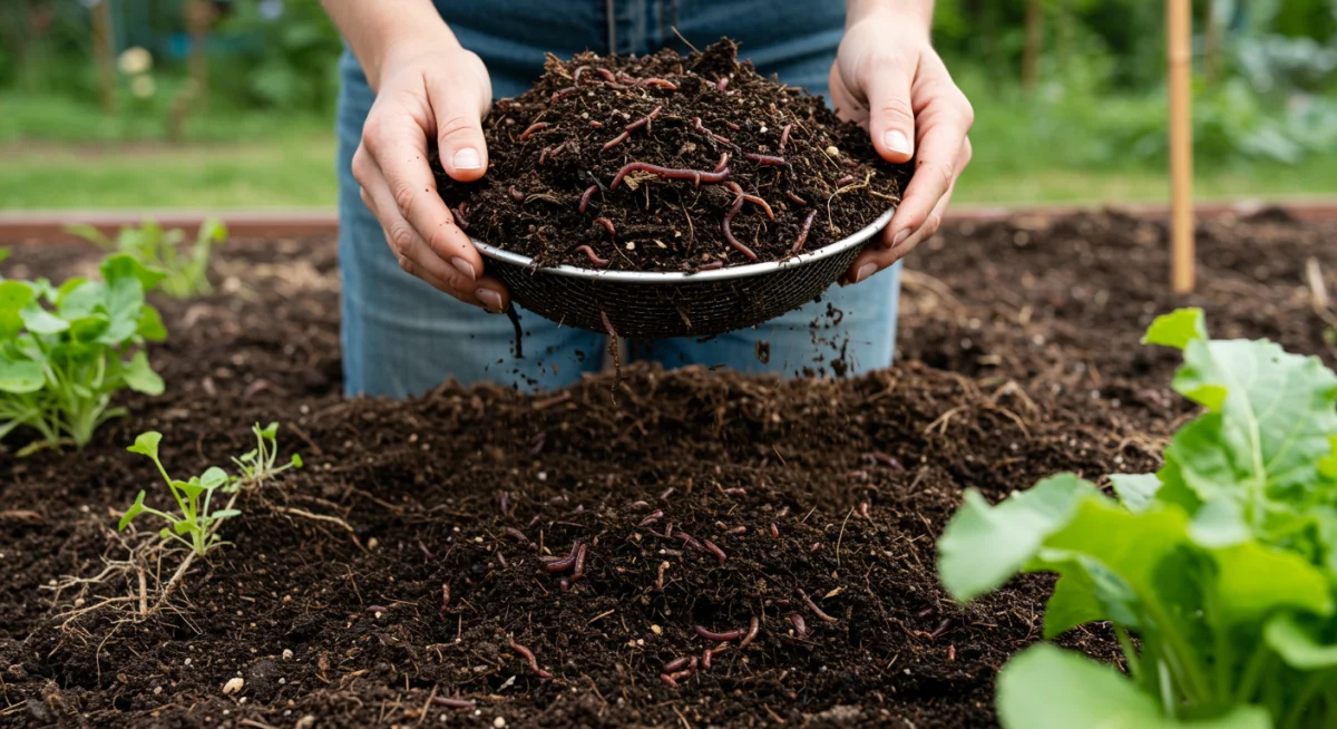 Gardener adding rich, dark compost to soil, enhancing soil fertility and plant health.