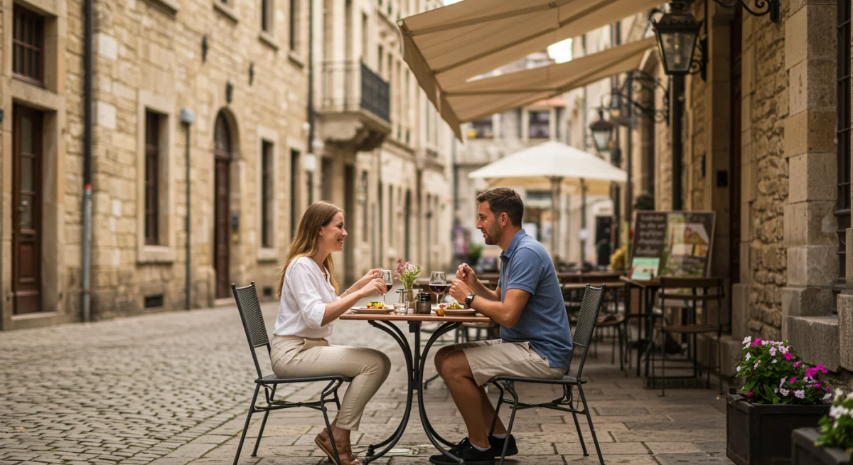 Couple dining at an outdoor cafe in a historic US city.