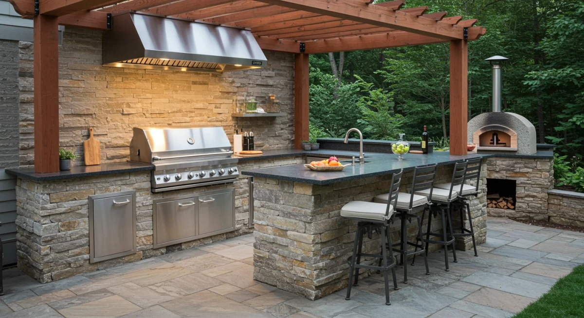 Cozinha externa moderna com forno de pizza e bancada para entretenimento