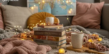 Cozy living room transformed into a staycation haven with books and local map