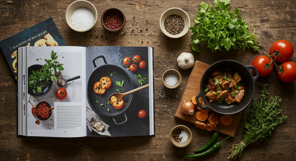 Cookbook and novel on a wooden table, symbolizing a culinary book club.