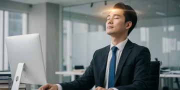Professional performing a 5-minute daily mental reset at desk, looking calm