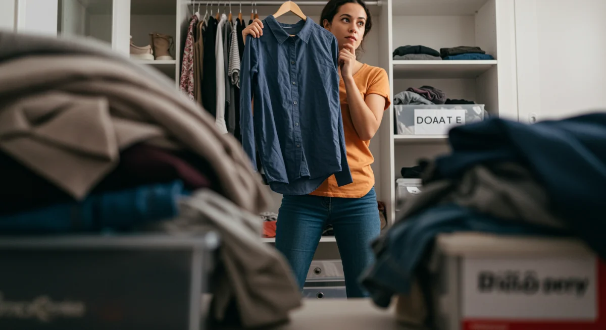 Person decluttering clothes, deciding on items for keeping, donating, or discarding.