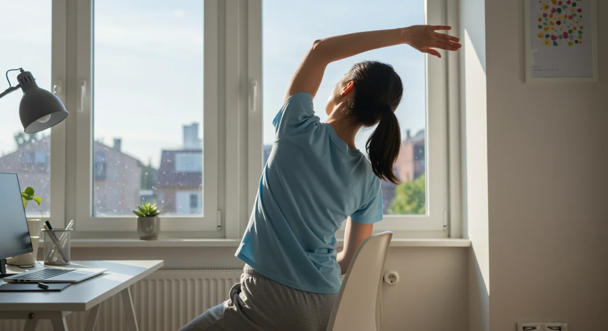 Person performing desk stretches in a home office for movement breaks