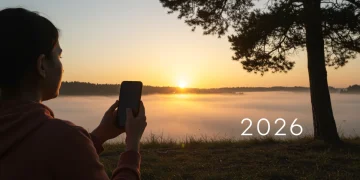 Person enjoying sunrise, phone put away, symbolizing digital detox 2026