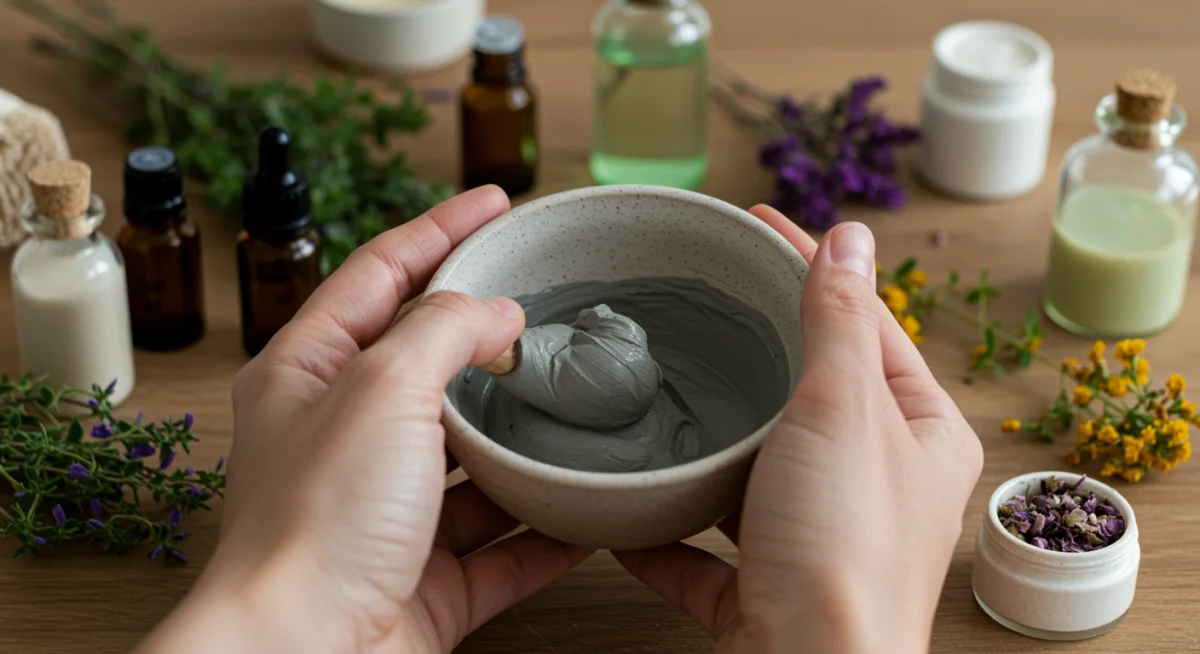 Hands preparing a homemade clay face mask with natural ingredients