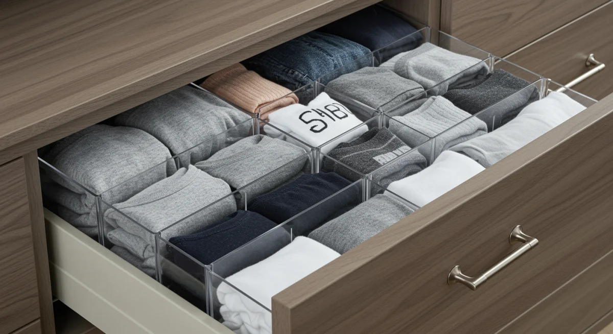 Clear drawer organizers with folded t-shirts and socks, demonstrating efficient small item storage.