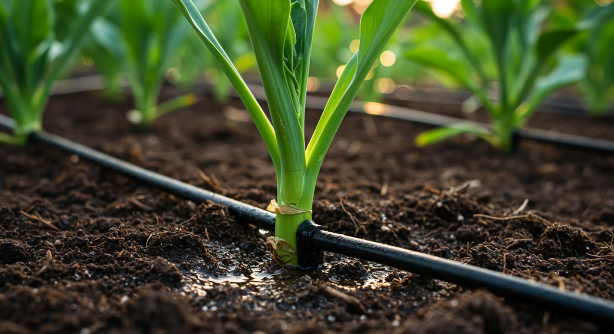 Efficient drip irrigation system watering a plant, showcasing smart watering techniques.