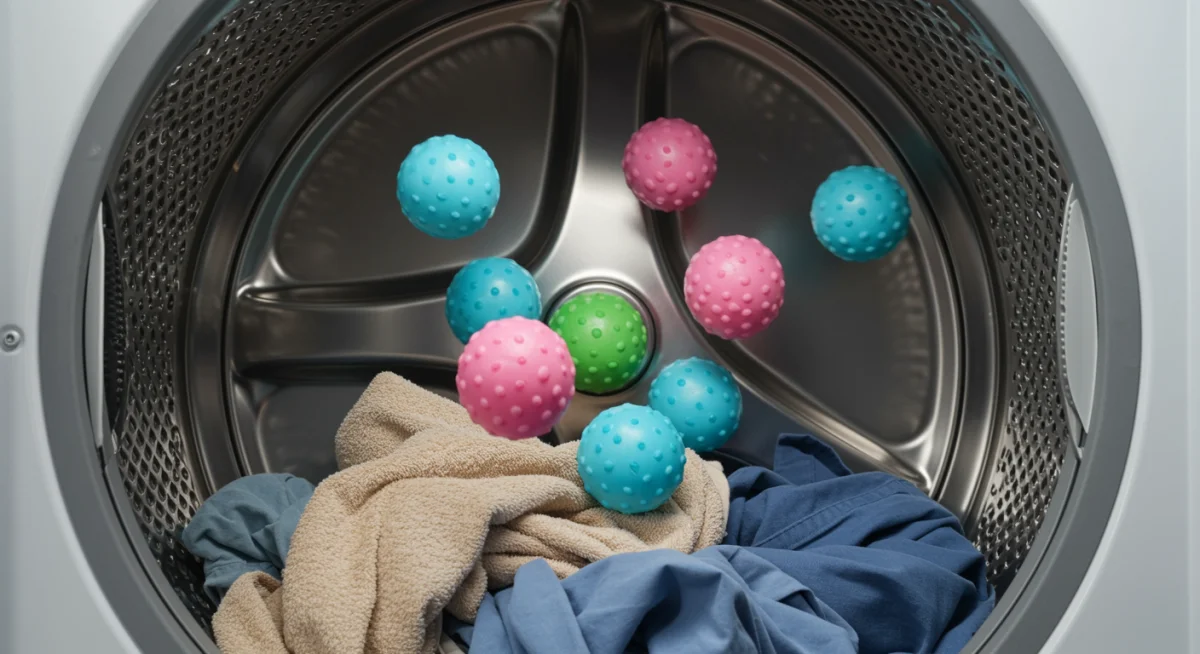 Dryer drum with clothes and dryer balls for faster drying