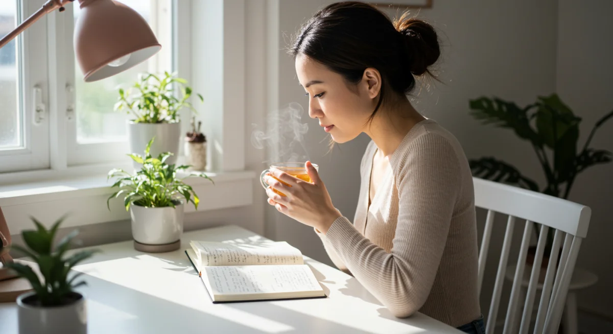 Person journaling about eating habits, reflecting calmly.