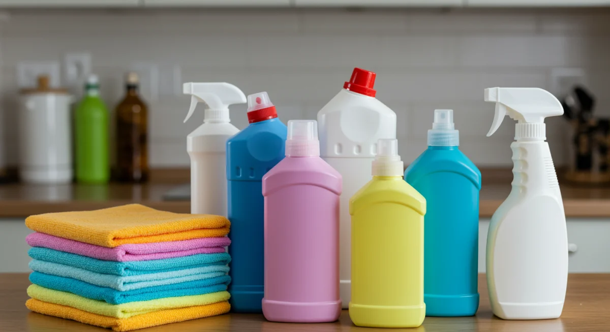 Eco-friendly cleaning supplies and microfiber cloths on a kitchen counter