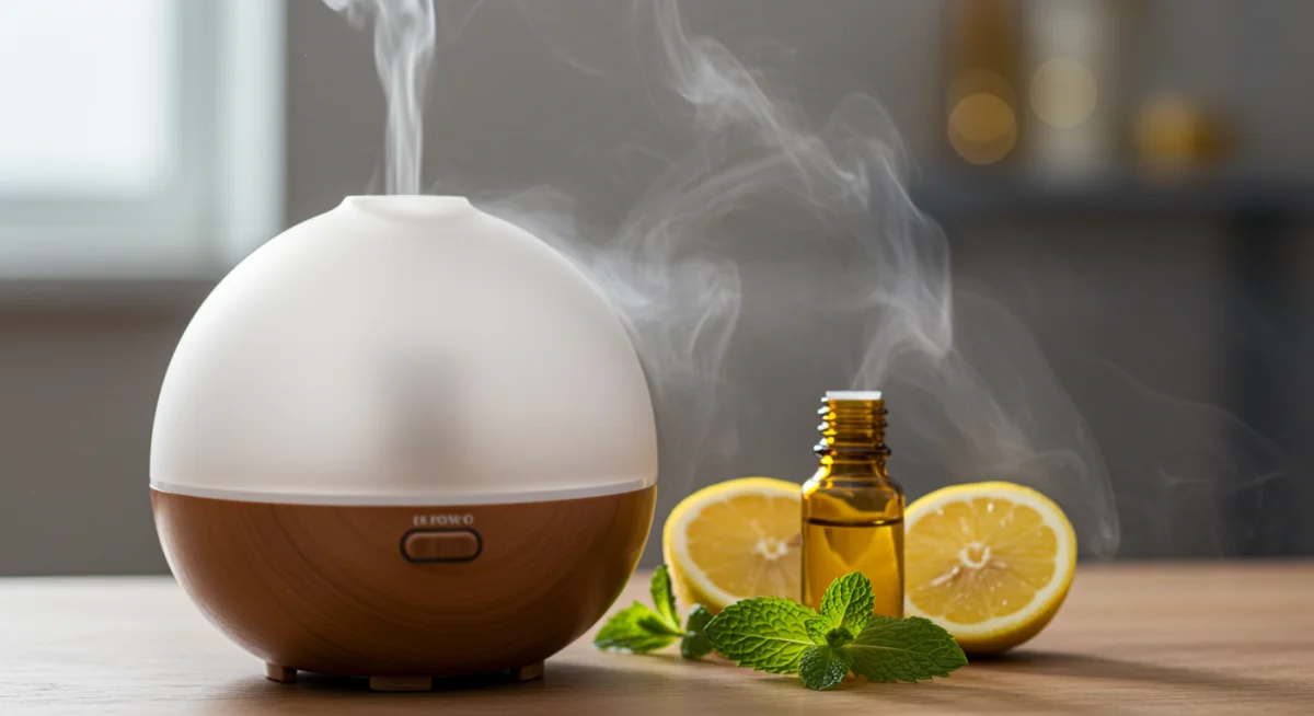 Essential oil diffuser misting with citrus and peppermint, surrounded by fresh botanicals for energy.
