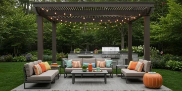 Espaço de convivência ao ar livre luxuoso com pérgola e churrasqueira em casa americana