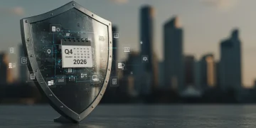 Digital shield protecting data with Q4 2026 deadline, representing federal data privacy compliance for local public services.