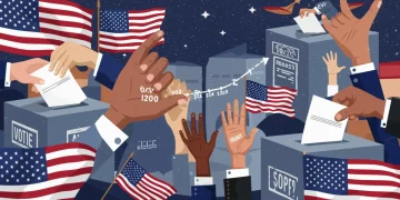 Illustration of diverse hands placing ballots into a federal election ballot box, representing upcoming voting rights changes.