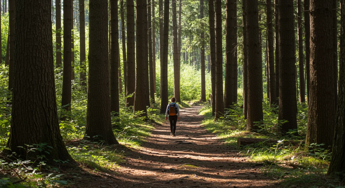 Person walking on a forest path, exploring nature for well-being.