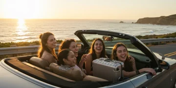 Friends on a scenic coastal drive, enjoying a 3-day US getaway.