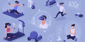 Futuristic fitness enthusiasts exploring emerging workout trends with AI and VR tech
