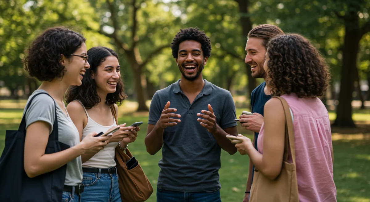 Friends talking and laughing outdoors, phones stored away