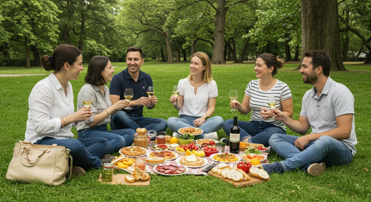 Friends enjoying gourmet picnic in a local park
