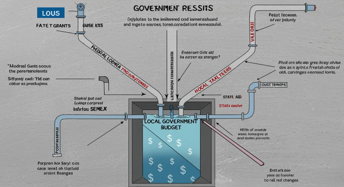 Diagram showing various funding streams contributing to a local government budget, with some showing reduced flow.