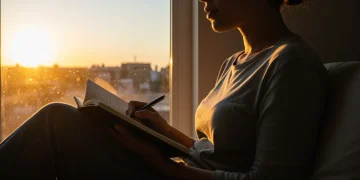 Person journaling with gratitude at sunrise, promoting well-being.