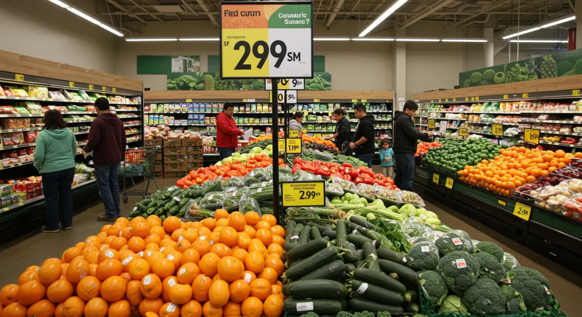 Consumers examining fresh produce prices in a grocery store, reflecting subsidy effects.