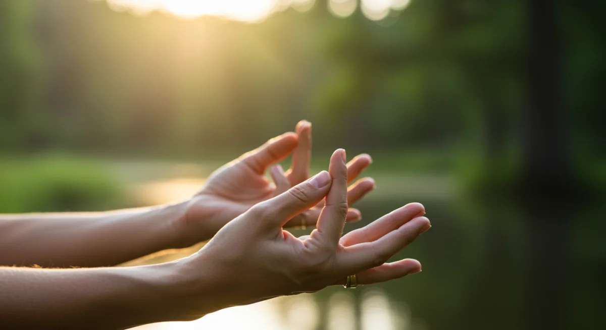 Hands demonstrating a controlled breathing pattern for anxiety relief