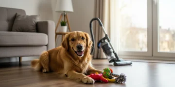 Happy golden retriever in a clean living room, symbolizing effective pet home cleaning.