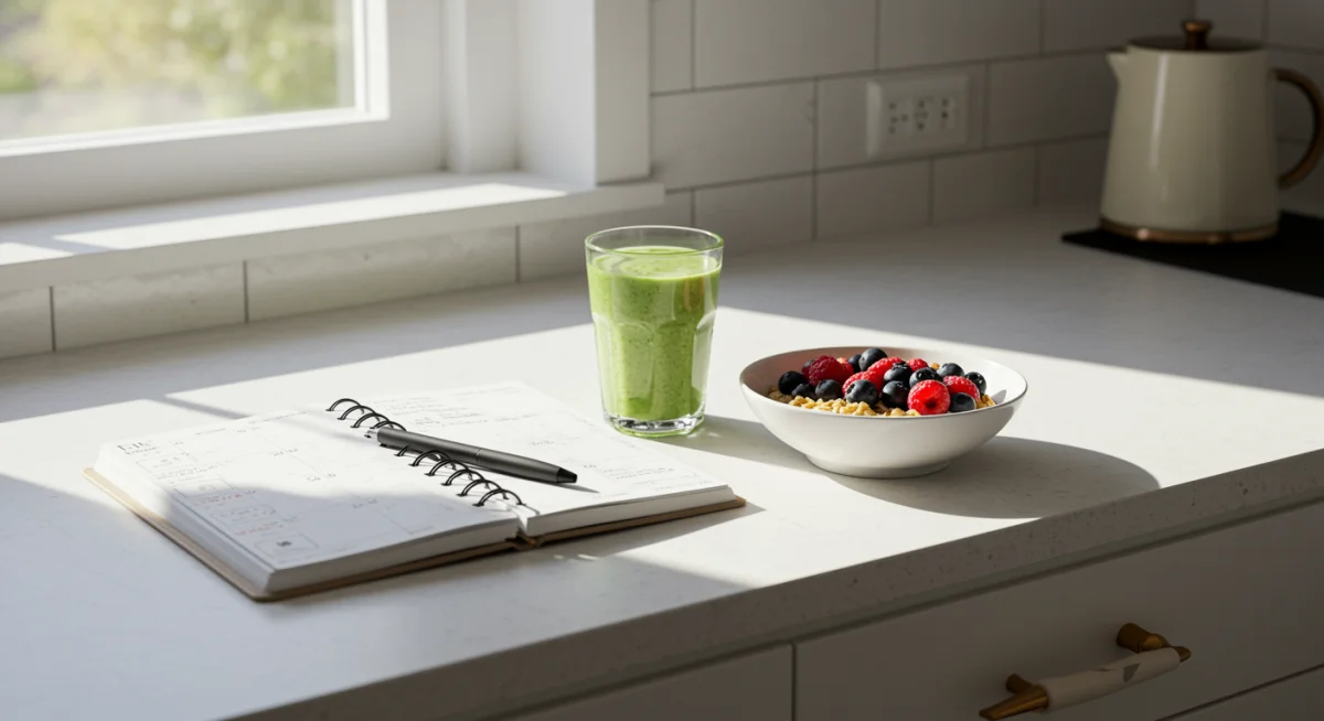 Healthy breakfast and planner on a kitchen counter, representing morning organization.