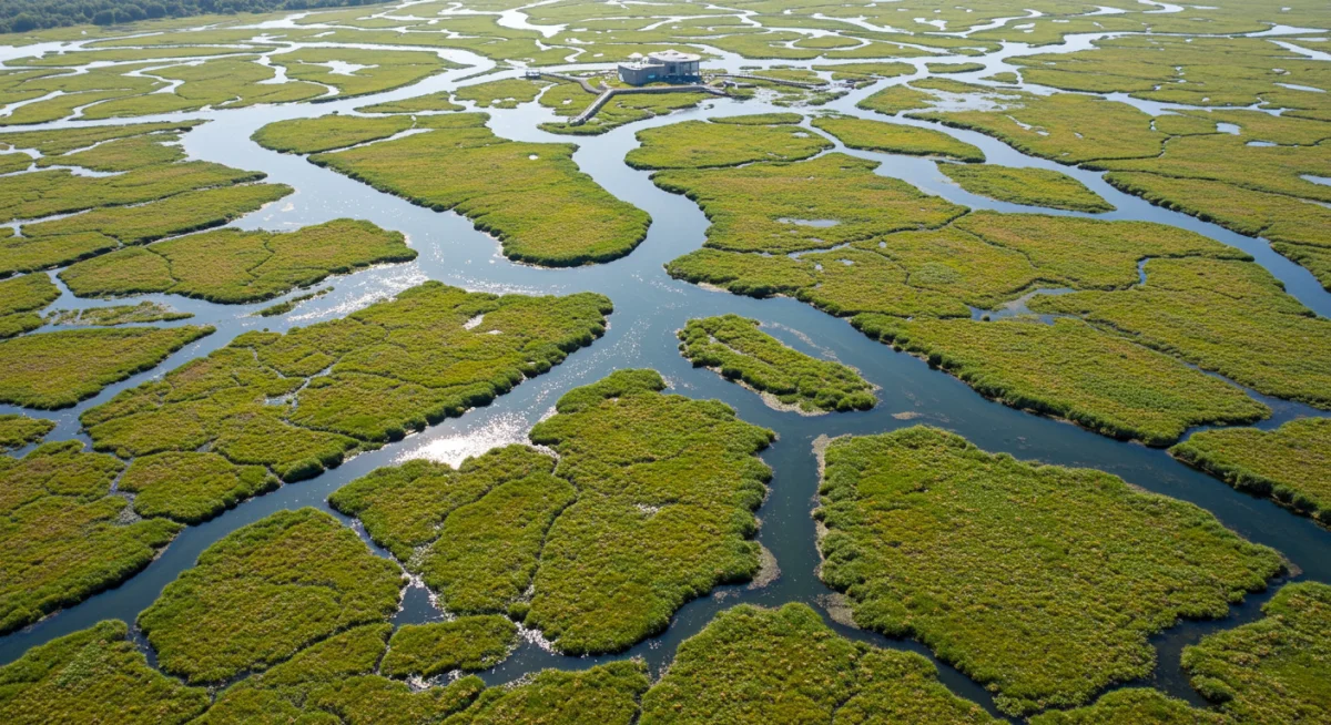 Aerial view of a healthy wetland ecosystem with diverse plant life and research station.