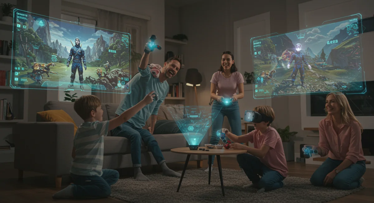 Family playing interactive holographic video games together