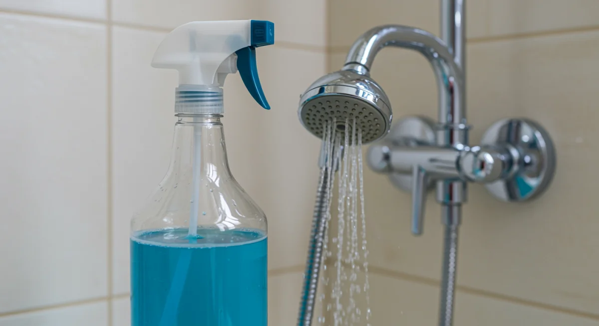 Homemade cleaning solution in a spray bottle near a clean showerhead.