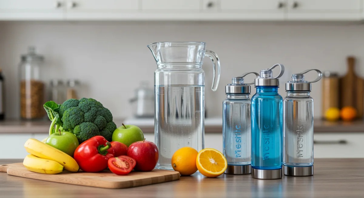 Kitchen counter with water pitcher, fruits, and reusable bottles for daily hydration