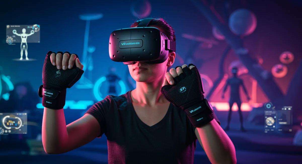 Person engaged in an immersive virtual reality workout with VR headset and haptic gloves