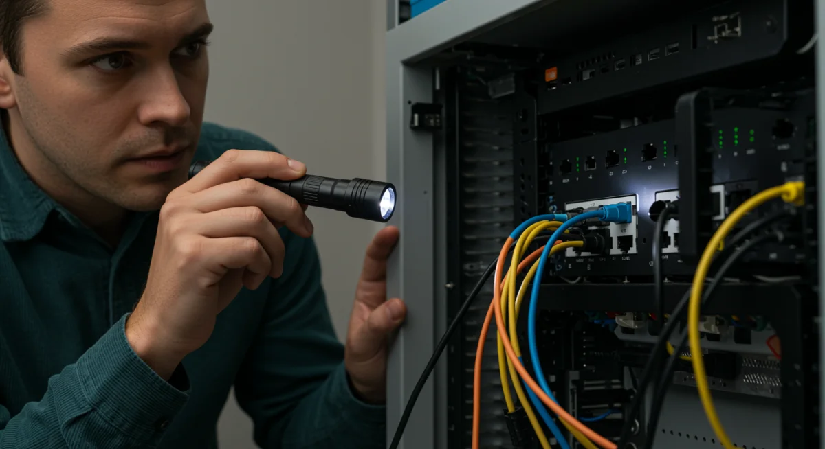 Homeowner inspecting smart home hub connections for optimal performance.